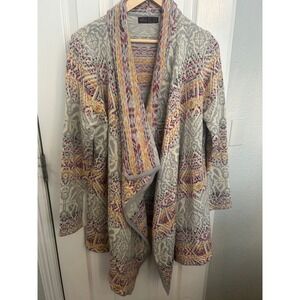 Ally Women Geometric Intarsia Open Front Cardigan Grey Pink Orange Size 8